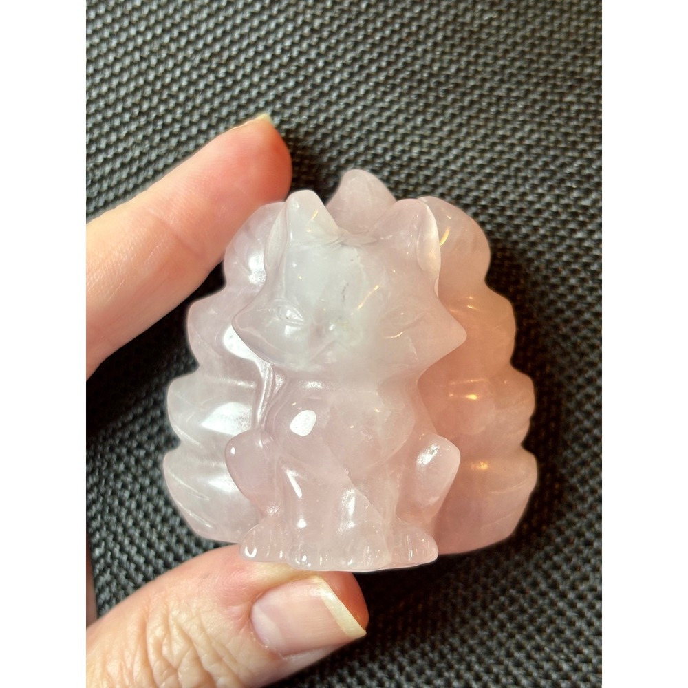 Rose Quartz Nine Tailed Fox Carving Kitsune Huli Jing Pink Crystal Figurine 2"